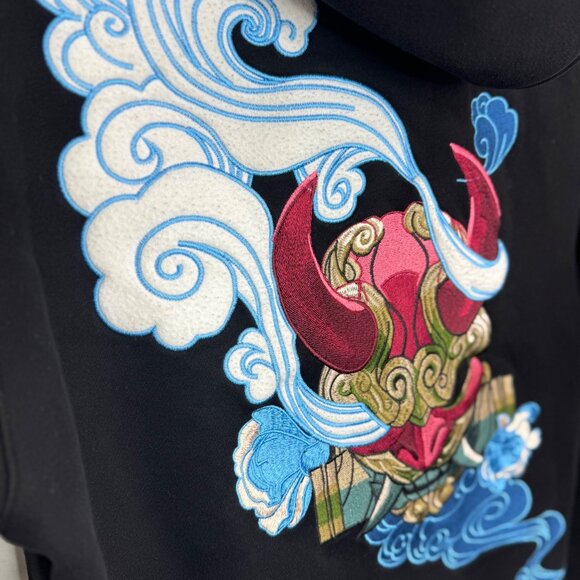 Oni by Bibisama Black Embroidered Anime Style Pullover Hoodie Men's Size M/L - Picture 5 of 14